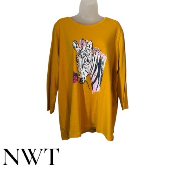 Kim Rogers Tops - NWT   MUSTARD ZEBRA 3/4 SLEEVE CASUAL TOP   PLUS      #CL